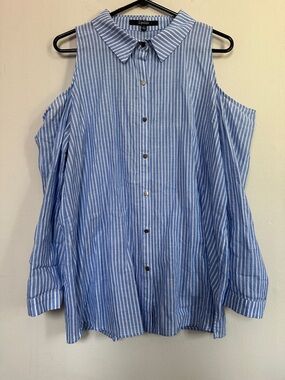 100% Cotton Cold-Shoulder Blue & White Striped Button-Front Top